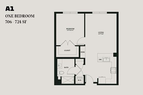 Floor plan for 1 bed, 1 bath, 724 sqft